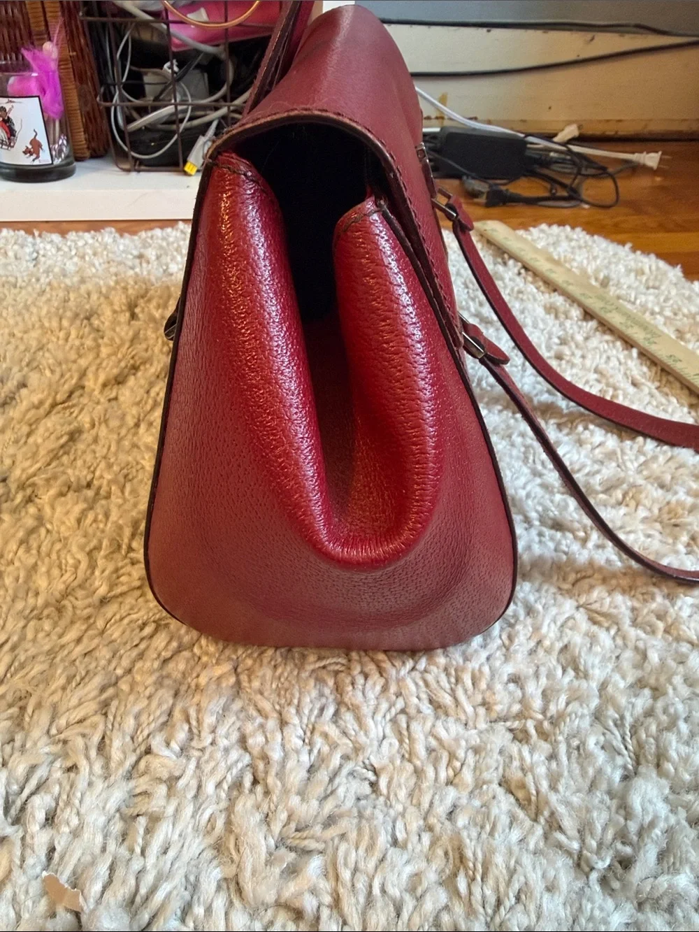 Lambertson Truex Womens Leather Turn Lock Clasp Satchel Shoulder Bag Red